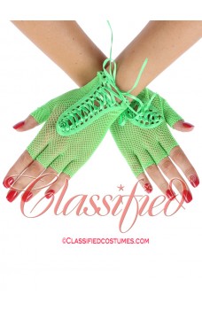 Green Fishnet Lace Up Gloves