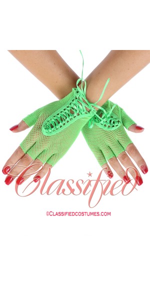 Green Fishnet Lace Up Gloves