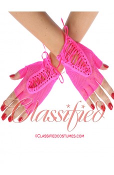 Pink Fishnet Lace Up Gloves