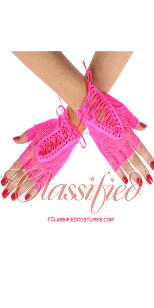 Pink Fishnet Lace Up Gloves