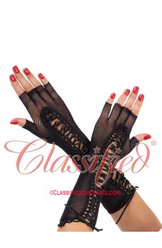 Black Fishnet Elbow Length Lace Up Gloves