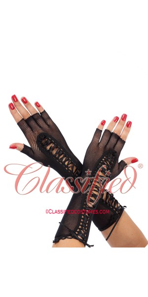 Black Fishnet Elbow Length Lace Up Gloves