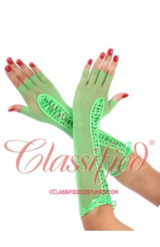 Neon Green Fishnet Elbow Length Lace Up Gloves