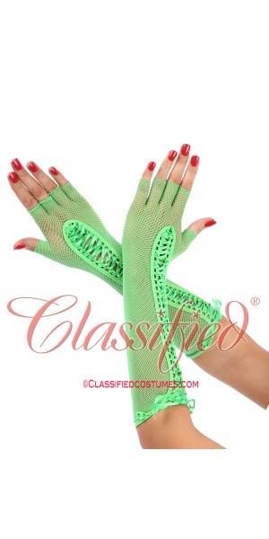 Neon Green Fishnet Elbow Length Lace Up Gloves