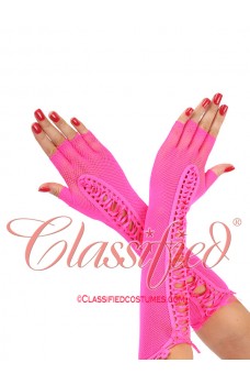 Pink Fishnet Elbow Length Lace Up Gloves