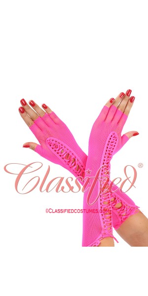 Pink Fishnet Elbow Length Lace Up Gloves