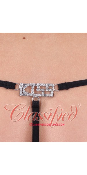 Sexy G-string with Rhinestone 'KISS' Motif Black