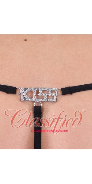 Sexy G-string with Rhinestone 'KISS' Motif Black